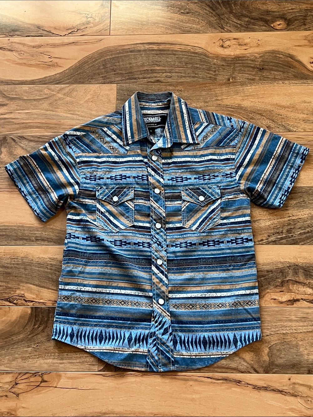 Rock & Roll Denim Pearl Snap Aztec Cowboy Western Shirt Blue Tan Boys Sz Small